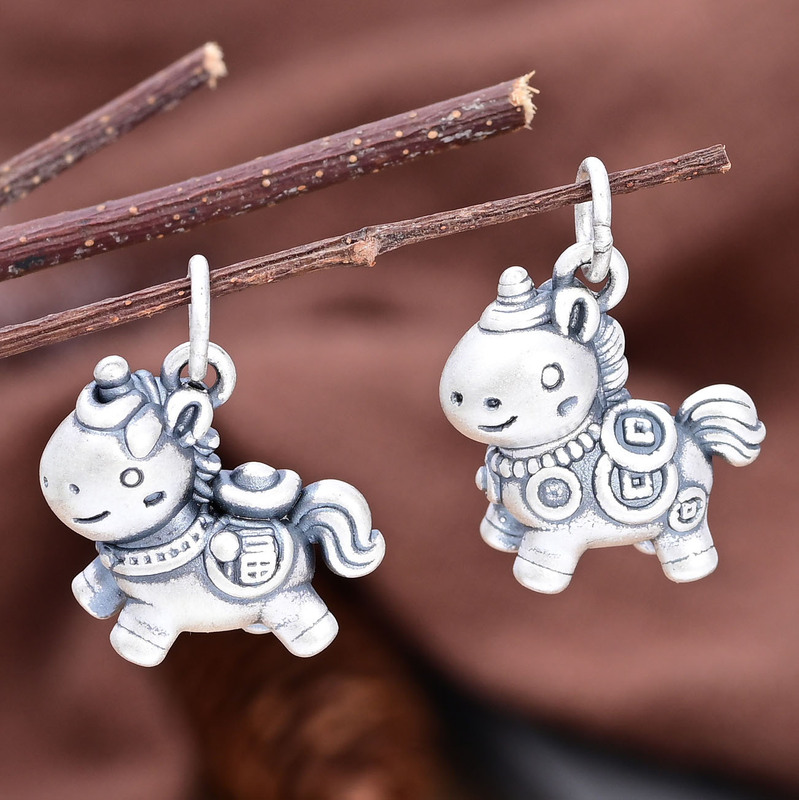 【Get Rich Immediately】S999 Pure Silver Money Fortune Character Little Horse Unicorn Pendant DIY Bracelet Accessories Charm