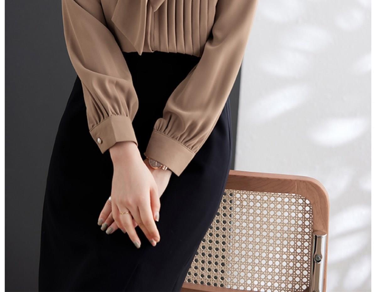315g Weight Long Sleeve Sleeve Length Single Breasted Placket Type Regular Sleeve Sleeve Type 95% and above, Polyester Fabric Type Ordinary Model (50cm <Length ≤ 65cm) Top Length Cardigan, Shirt Tops Type Scarf collar Neckline Slim Fit Type Solid Color Pattern New Style, Japanese and New Leisure Style Chic Fashionable Long Sleeve Chiffon Shirt Women's Bow Tie Neck Unusual Design Sensation Coffee Color Series Belted Elegant 5