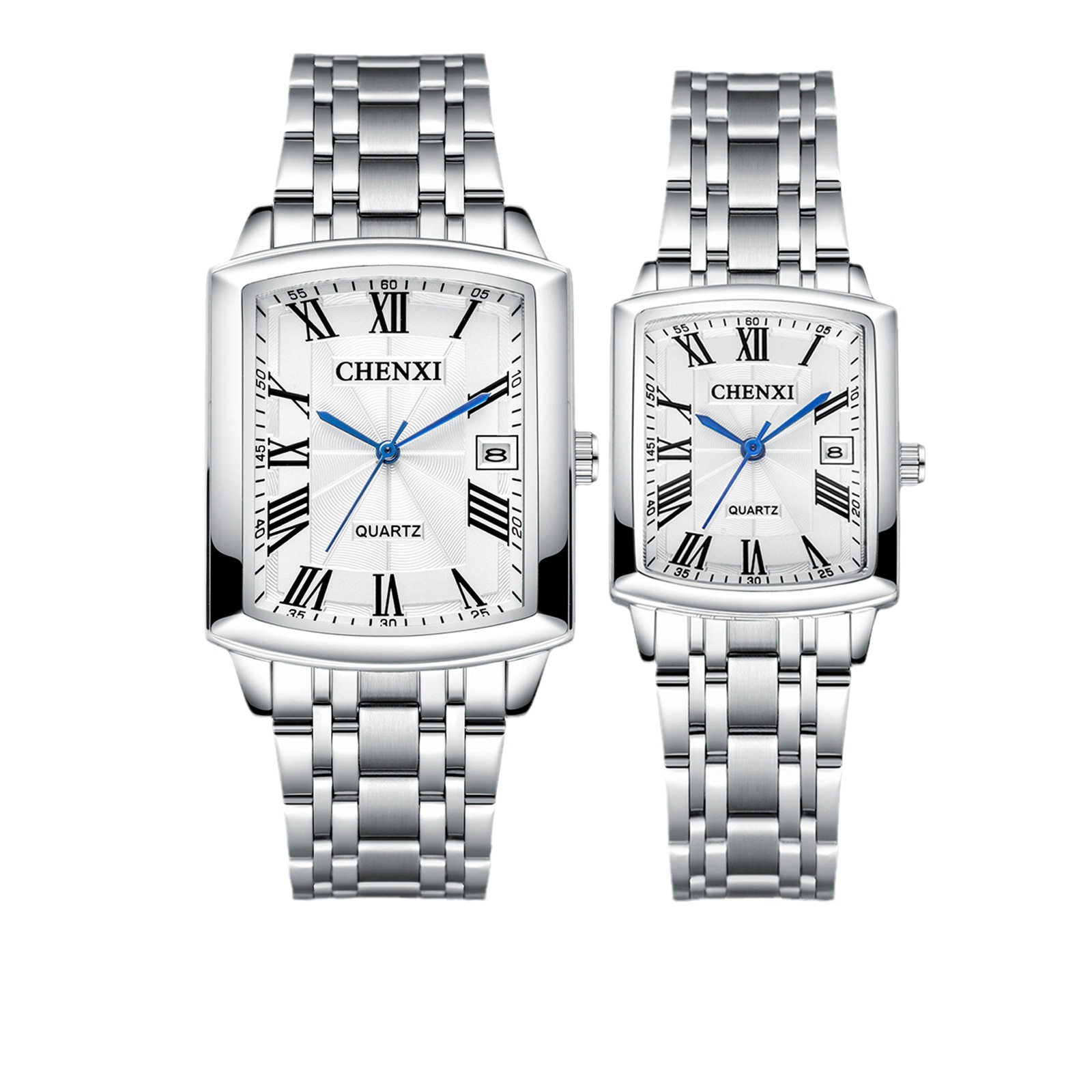 Reloj de pareja chenxi escala romana calendario de ocio reloj de cuarzo correa de acero cuadrada reloj de hombre 079A