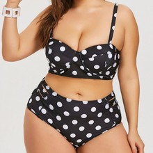 欧美大码泳衣 新款性感比基尼复古波点聚拢高腰跨境wish分体泳衣