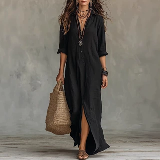 2026欧美女装亚马逊独立站现货春夏跨境休闲纯色翻领前开叉长裙
