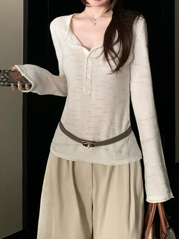 槿一 佩里月光 幻彩珠片棉麻轻薄透感慵懒开襟针织衫女秋显瘦复古|undefined