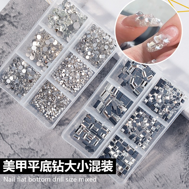 Manicure Flats Bottom Diamond Super Flash Crystal Diamond Jewelry White Glass Water Ab Nail Diamond Popular Diamond Special-Shaped Diamond Boxed