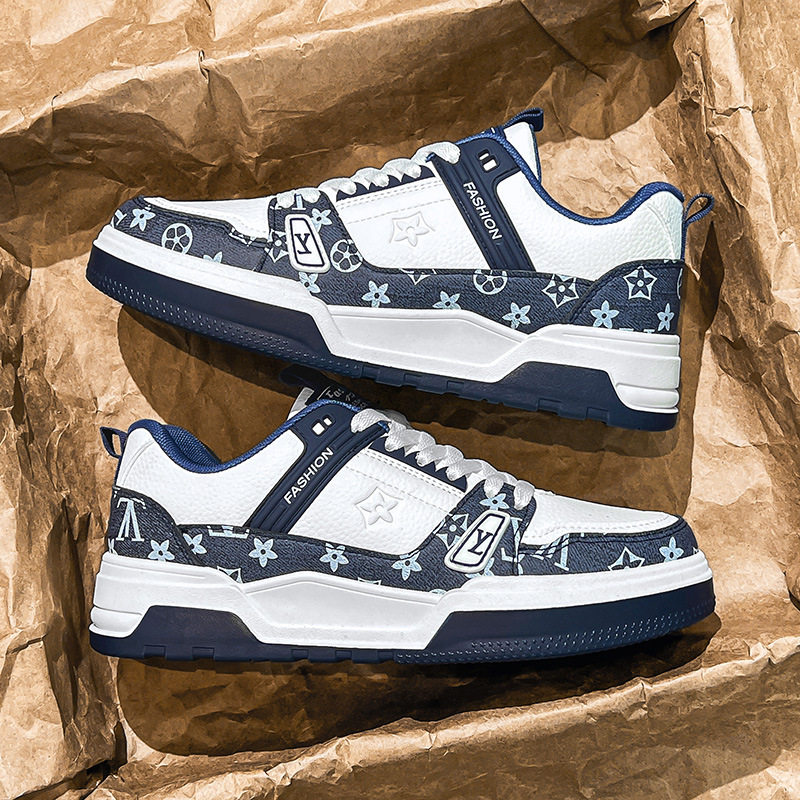 Giày sneaker nam da nhân tạo phối màu, đế bằng gót thấp 1–3 cm, dây buộc — Màu trắng màu cachi, Xanh trắng, Đen trắng