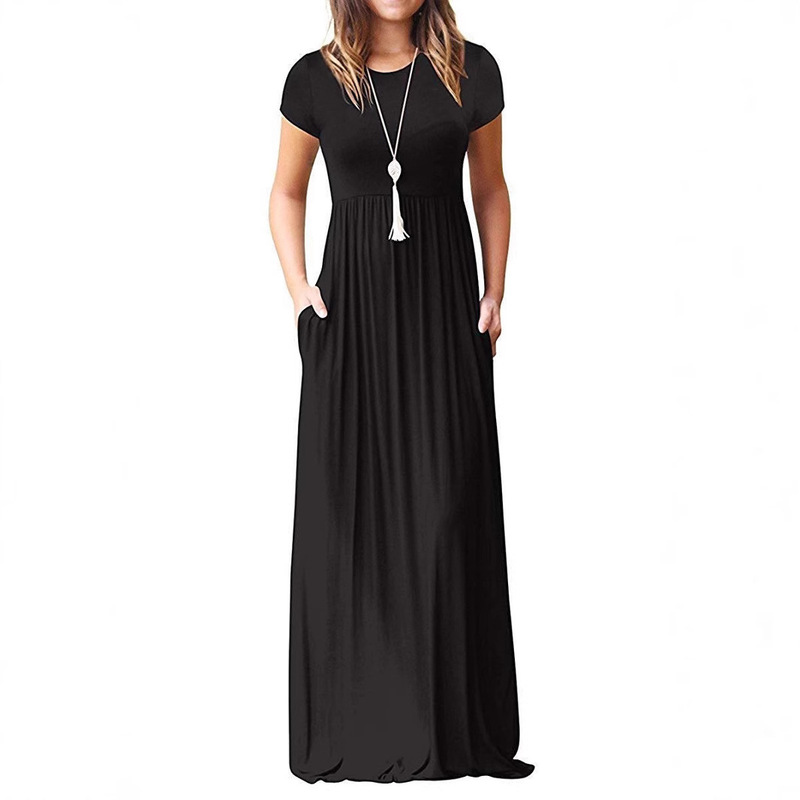 2025 New Amazon Cross-Border Spot Women's Clothing European and American Short-Sleeved Pure Color Maxi Dress Casual Long Skirt Flap Pocket Pants