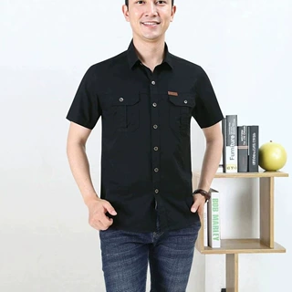 外贸新款透气纯色短袖男士工装衬衫潮流夏季户外休闲T恤口袋衬衣