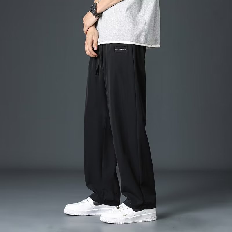 2025 新しいアイスシルクパンツメンズ夏薄いハイストリートストレートワイドレッグパンツ夏のスポーツカジュアルパンツ|undefined