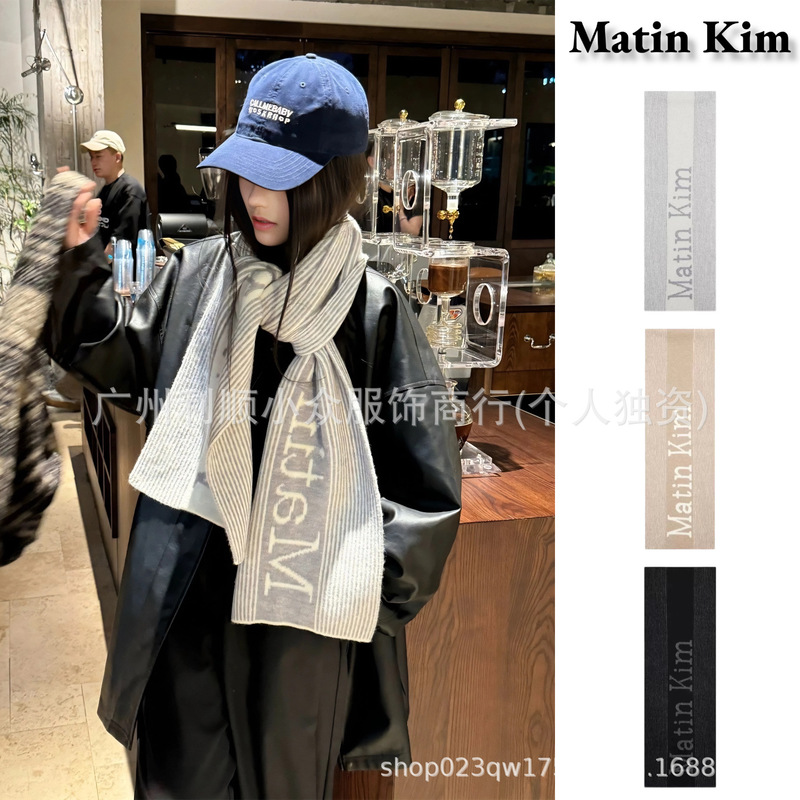 Spot Korean Matin Kim Scarf Autumn and Winter New Letter Stripesd Alpaca Wool Warm Mk Scarf for Men and Women
