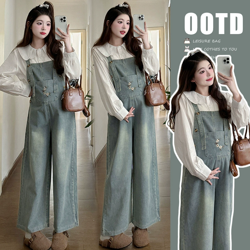 Сделать спот 2024 одежды для беременных осенью новый корейский повседневный простой джинсовый наряд