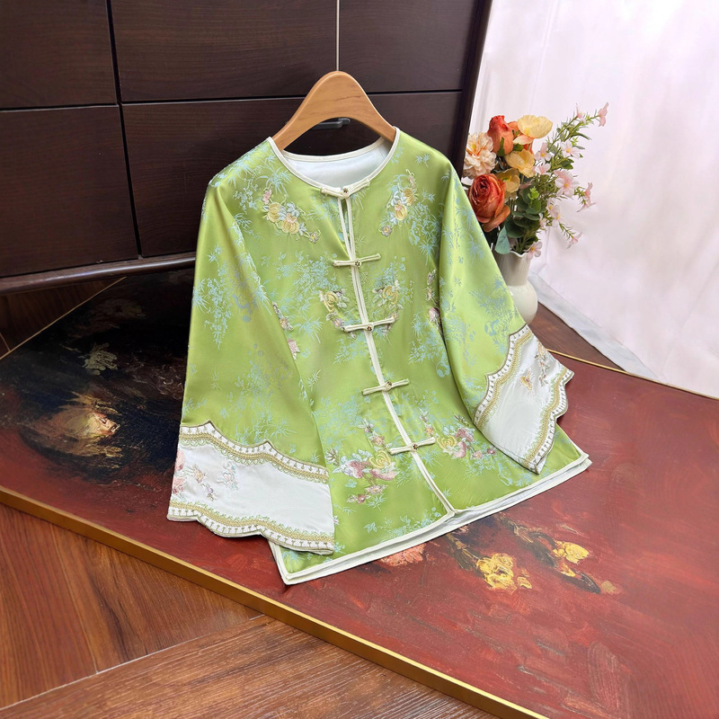 2025 Early Autumn New Style New Chinese Style Embroidered Jacquard Top Round Neck Buttoned Lace Cuffs Elegant Chinese Style Jacket for Women