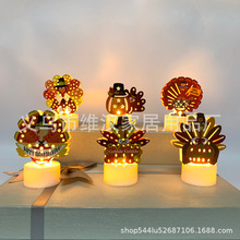 感恩节LED电子蜡烛灯铁艺卡通火鸡枫叶南瓜小夜灯发光装饰摆件灯