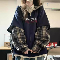 韓国のファッションの格子縞は偽の2つのフード付きの女性の大きいサイズの太ったMMのデザイン感のゆったりしたカーディガンのコートBFをつなぎ合わせます。