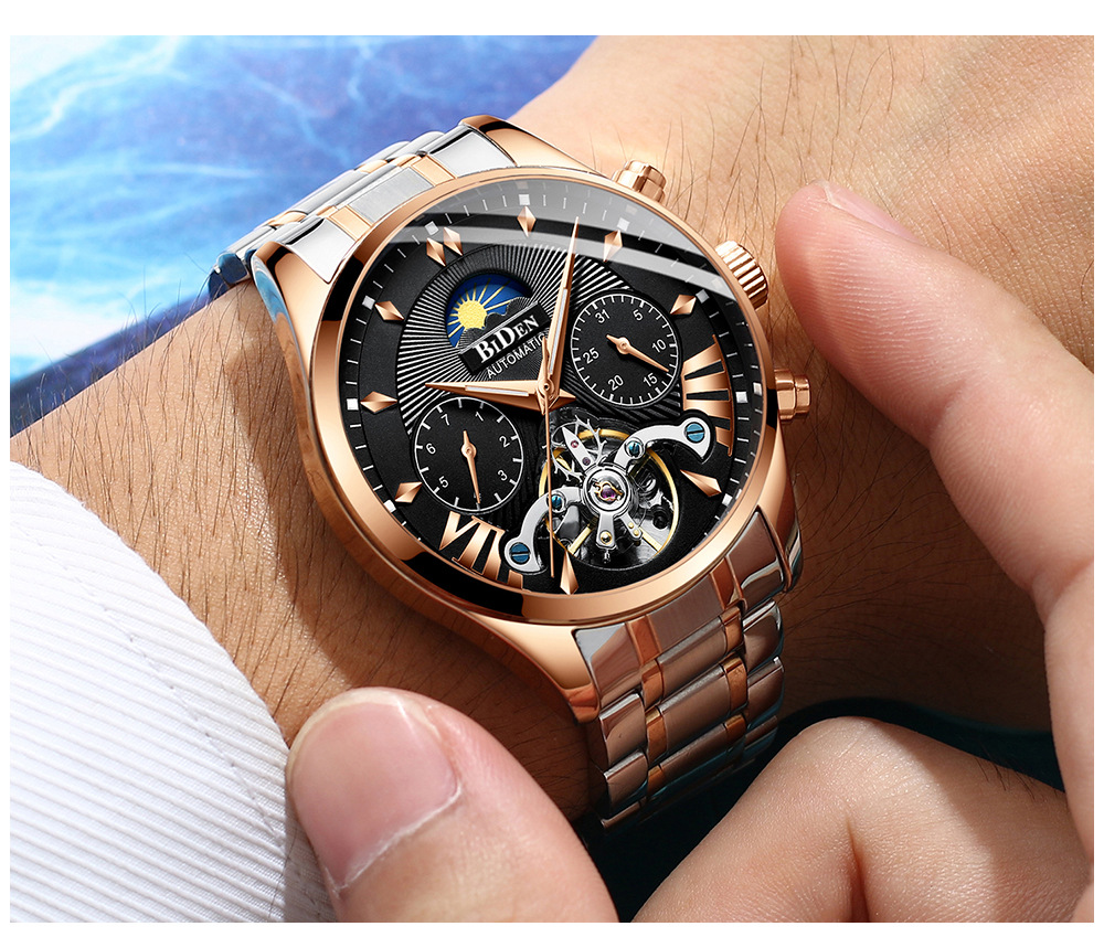 Biden Men's Mechanical Watch Multifunctional Sun Moon Star Luminous_voghion.com