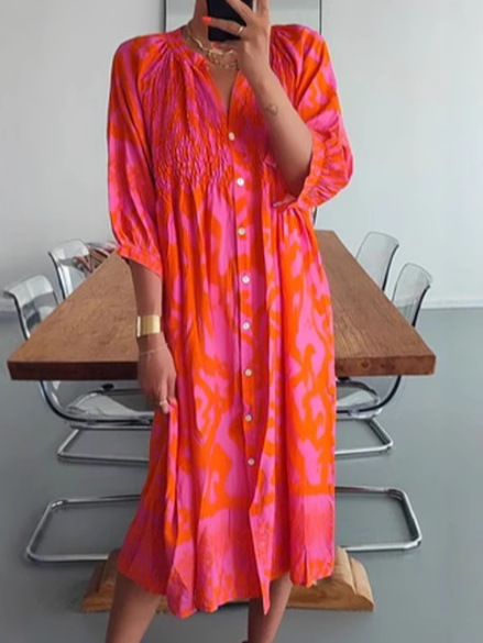 2025 European and American Clothing Amazon Independent Station Digital Printing Button V-Neck Loose Dress Long Skirt