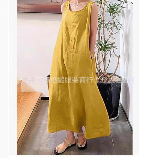 Amazon Aliexpress European and American Style Cotton and Linen Sleeveless Casual Beach Vest Dress Casual Extra Long Belt Pocket