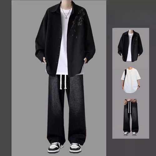 New Chinese-style shirt jacket for men, featuring a relaxed-fit design—perfect for pairing with denim jeans. A cool and stylish set that includes a trendy long-sleeve shirt from a popular brand.