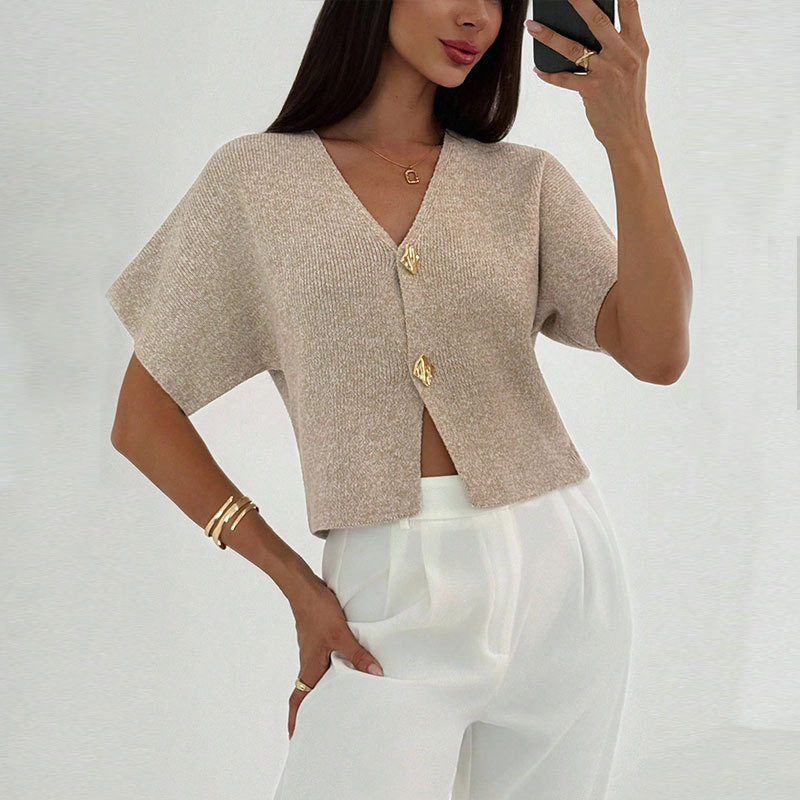 European and American Cross-Border Amazon New Fashion Solid Color Single-Breasted Design V-Neck Short-Sleeved Knitted Cardigan Top for Women