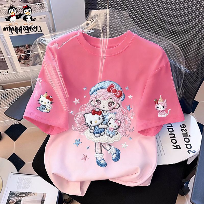 Girls' Short-Sleeve T-Shirt 2026 New Style, Cartoon Print, Summer Style, Cooling Gradient Top/T-Shirt for Medium and Large Children
