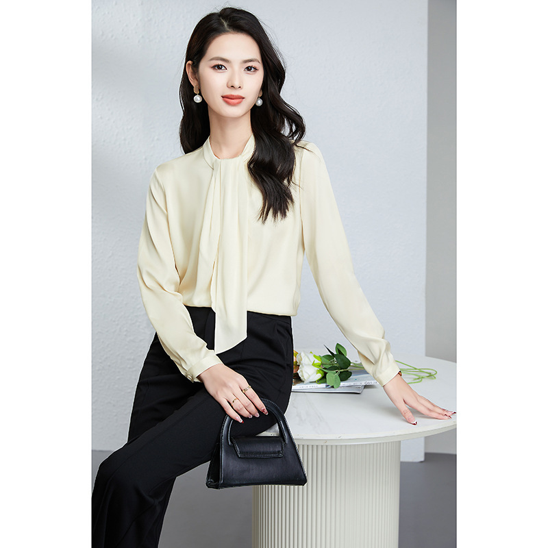Silk Shirt Elegant Fashionable Vertical Collar Strap Loose Slimming All-match Long-sleeved Commuter Heavy-weight Mulberry Silk Shirt for Women