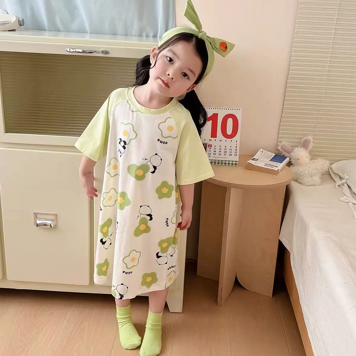 Cartoon summer children's pijama, mini-skirt, long skirt, with short sleeve, family style