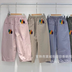 日系年新款刺绣卡通休闲裤女宽松休闲百搭松紧腰阔腿裤