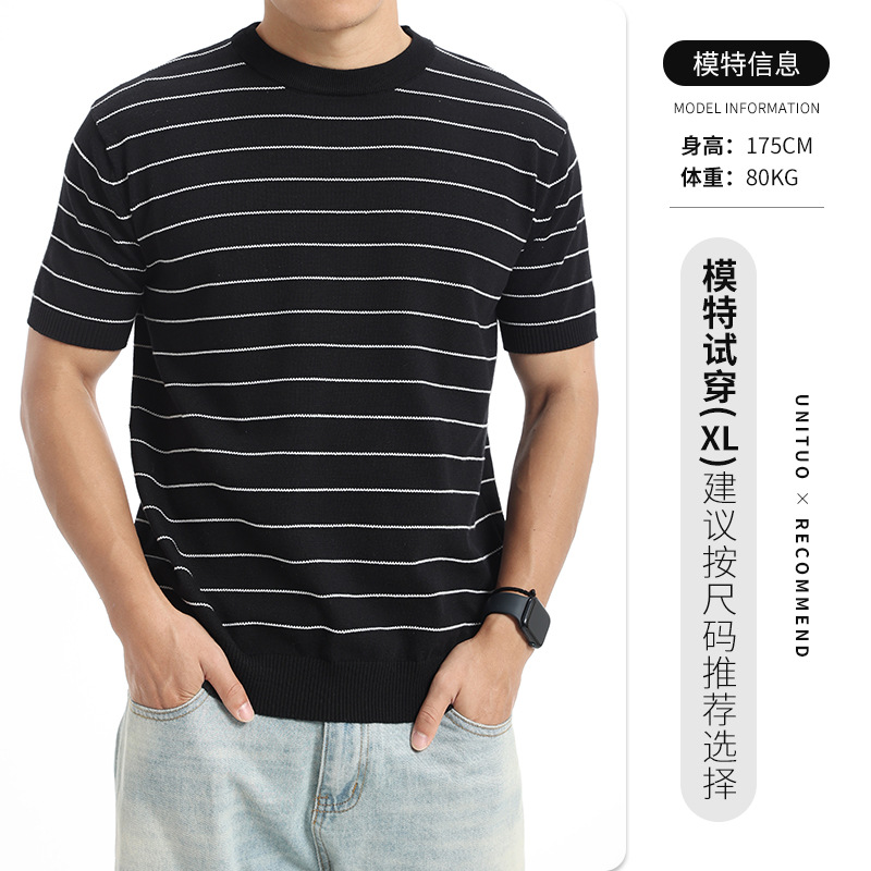 T-shirt de manga corta de punto a rayas de hombre verano de cuello redondo blusa de color contrastante de negocios casual versátil blusa de punto hombre