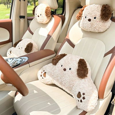 Car Headrest and Lumbar Headrest - rabbit-fur-polished-puppy-khaki-2-headrests-2-waistrests