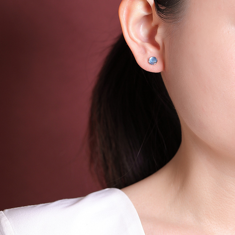 Bông tai bạc S925 đính đá Aquamarine hình lá bạch quả nhỏ — Một cặp