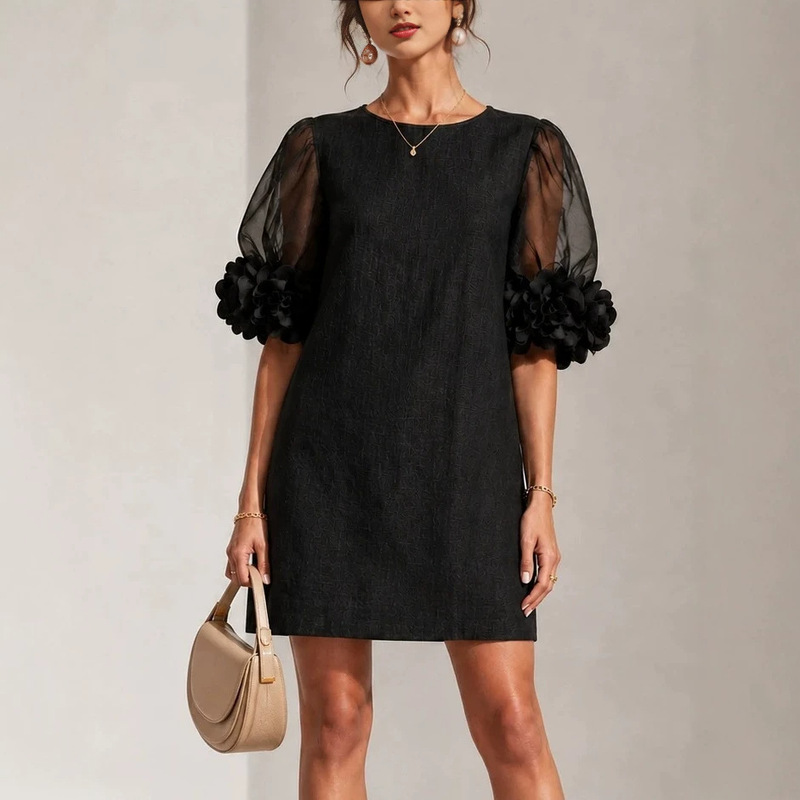 2026 European and American women's clothing, round neck mesh puff sleeves, three-dimensional floral texture, loose straight-cut short dress