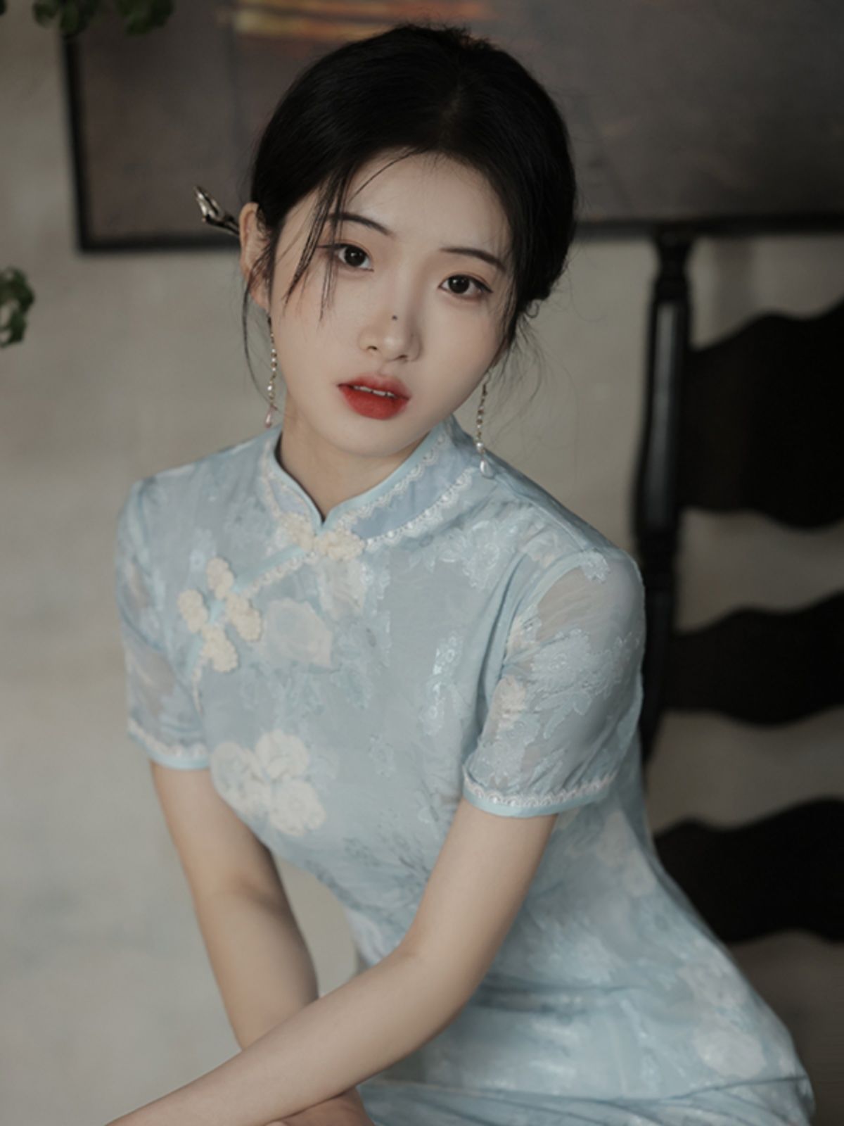 蓝色国风改良旗袍夏季2025新款年轻款气质新中式少女日常长款春秋