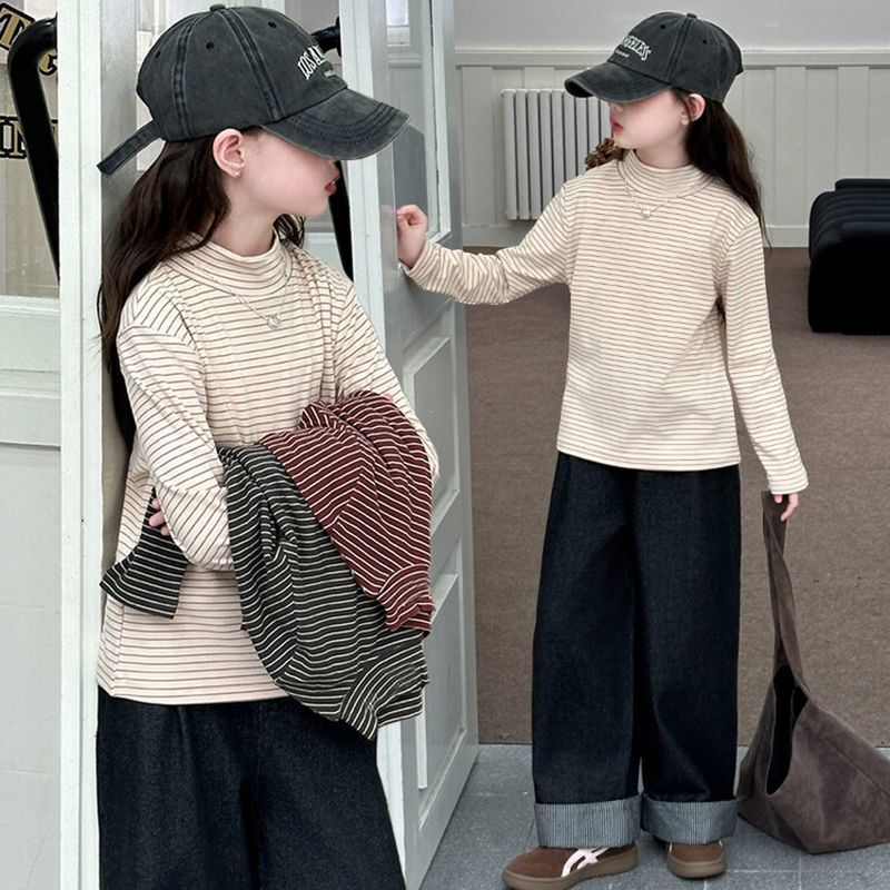 Children's autumn and winter high-neck base layer, toddler girl's striped long-sleeved T-shirt, girls' warm top