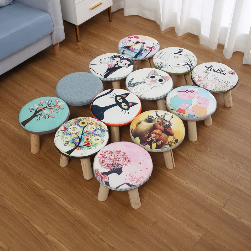 Taburetes de tela de madera sólida para niños, mesas de té para adultos, dormitorio, sala de estar, zapatos, taburetes redondos creativos