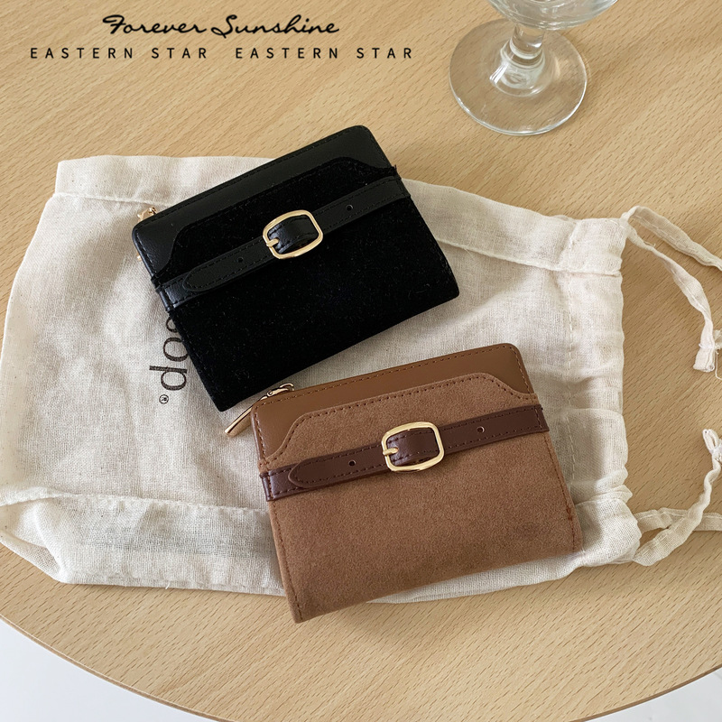Miu Series Suede Patchwork~Short Women's Wallet Pu High-End Feel 80% off Simple Leather Wallet with Belt
