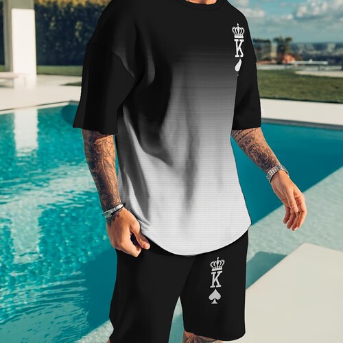 Plus-size 2025 Casual 3D Printed Multi-Color Gradient Short-Sleeve T-Shirt and Shorts Two-Piece Set