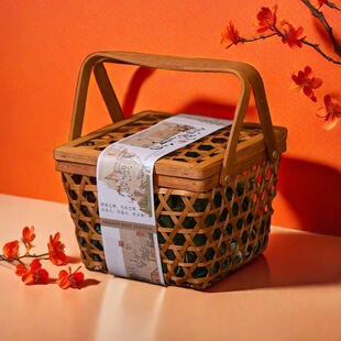 Creative Retro Handmade Bamboo Gift Basket Dragon Boat Festival Zongzi Packaging Basket Mid-Autumn Festival New Year Gift Box Packaging Hand Basket