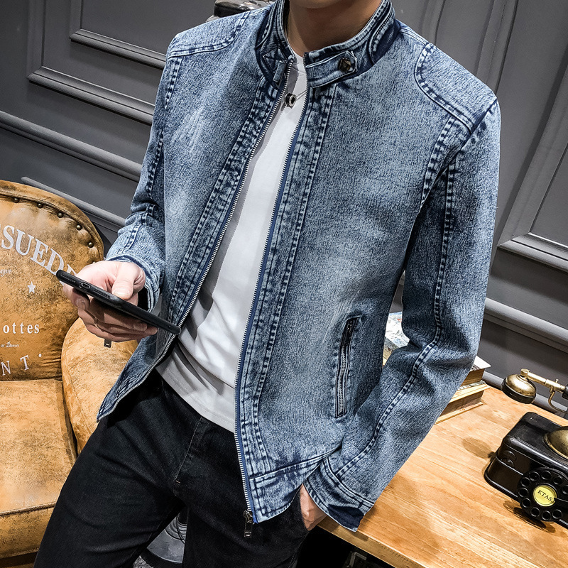 Denim men's new standing collar cotton slim fit casual trend Korean version solid color youth denim jacket_ipsvogv.com