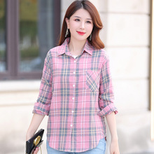 时尚百搭女士翻领衬衣春秋季长袖大码棉质格子衬衫女秋装一件代发