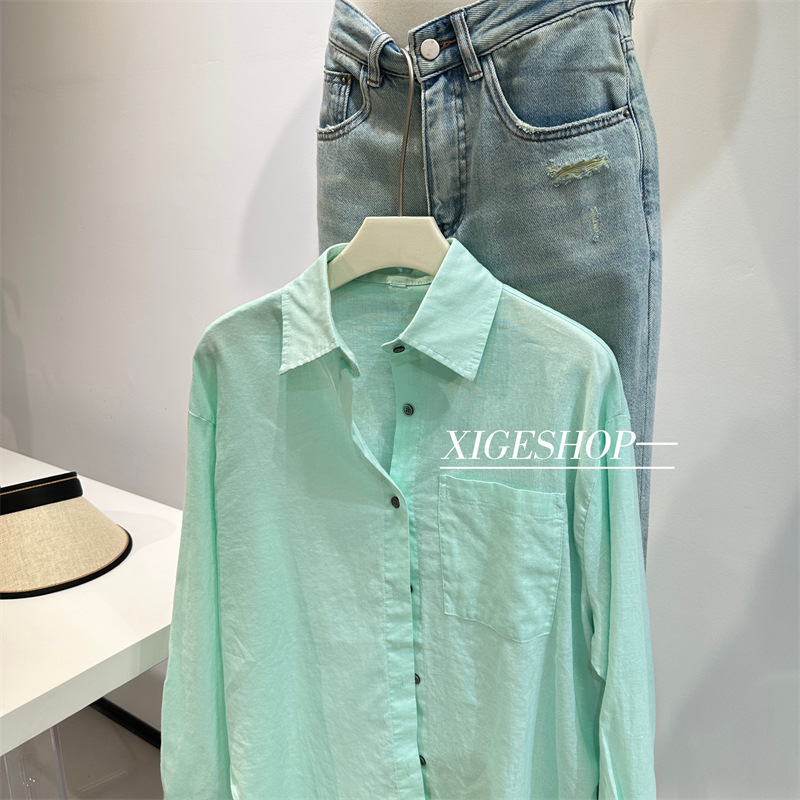 Mint Green 100 Ramie Long-Sleeved Shirt for Women Spring and Summer Design Versatile Loose Elegant Casual Sun Protection Shirt Ins