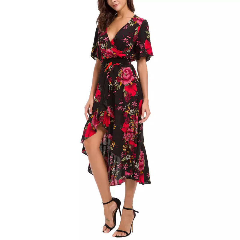 Kormei women's short-sleeved floral high-low V-neck flowy party long dress