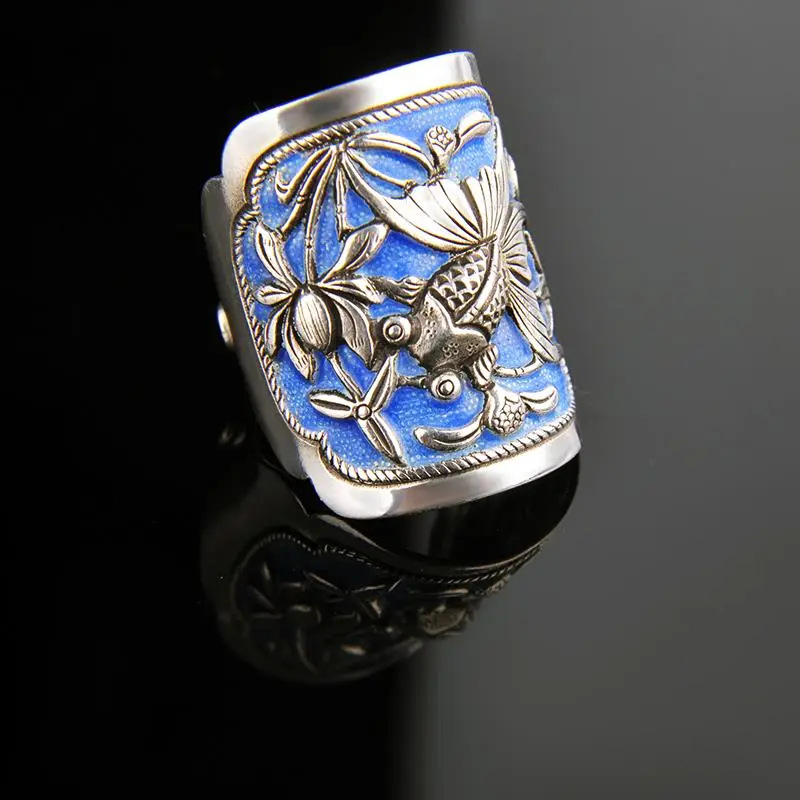 999足銀戒指年年有餘復古純銀男女情侶開口純銀戒指琺瑯彩燒藍戒