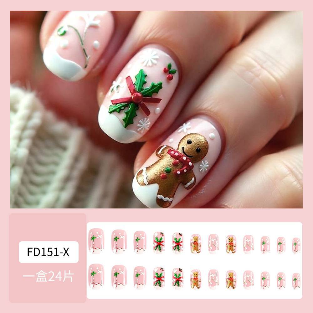Nuevos productos transfronterizos Navidad en relieve de uñas, pan de jengibre, hombre de hoja de hiverno, estilo francés, 24 piezas de parches de uñas terminados.