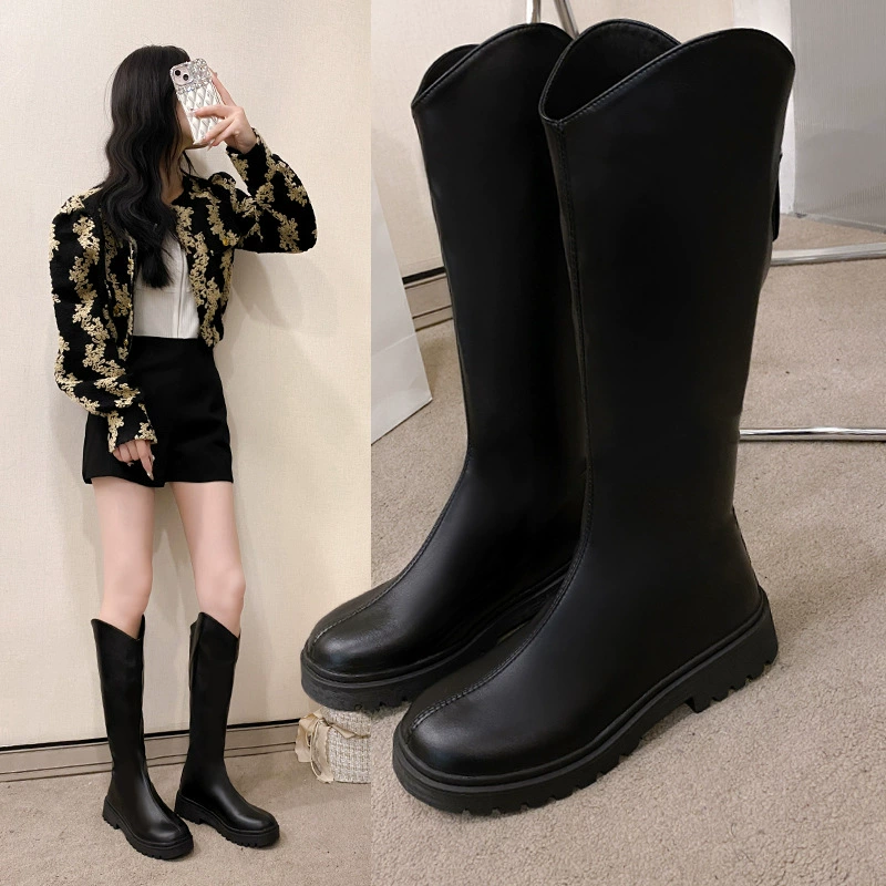 Женские сапоги до колена 2025 новые сапоги для верховой езды на толстой подошве осень-зима утягивающие сапоги для увеличения роста выше колена