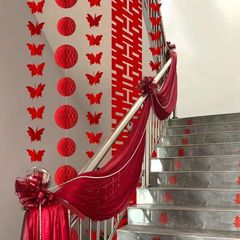 楼梯扶手装饰美人纱幔结婚楼道踏步台阶喜字拉花条幅灯笼婚庆用品