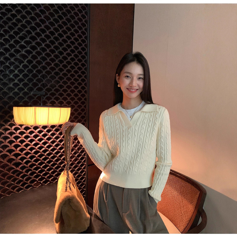 Pusumede Black Polo Collar Twist Knitwear Women's Autumn and Winter Retro Loose Pullover Outer Knitwear Top