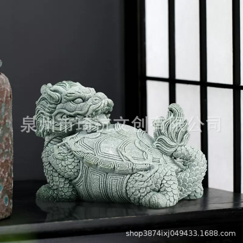 创意中式招财龙龟瑞兽鱼缸造景水族沉水摆件青砂石家居桌面装饰品