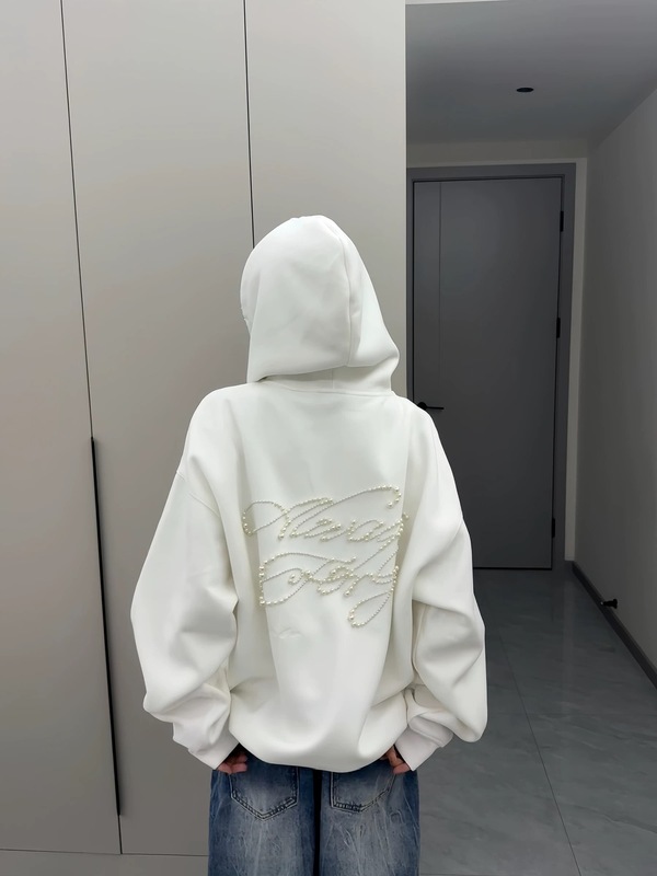 美式潮牌珍珠字母刺绣连帽卫衣女秋季设计感小众宽松复古开衫外套|undefined