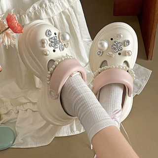 珍珠气质一脚蹬防滑厚底洞洞鞋女2025新款夏季外穿踩屎感包头拖鞋