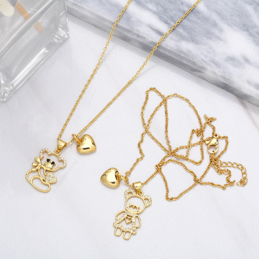 fashion double pendant copper necklace heart shape bear collarbone chain