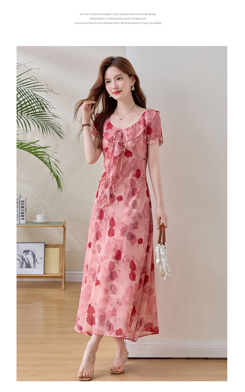 Đầm maxi nữ hoa hồng cổ V tay ngắn thắt eo — Hồng lãng mạn chi tiết 17