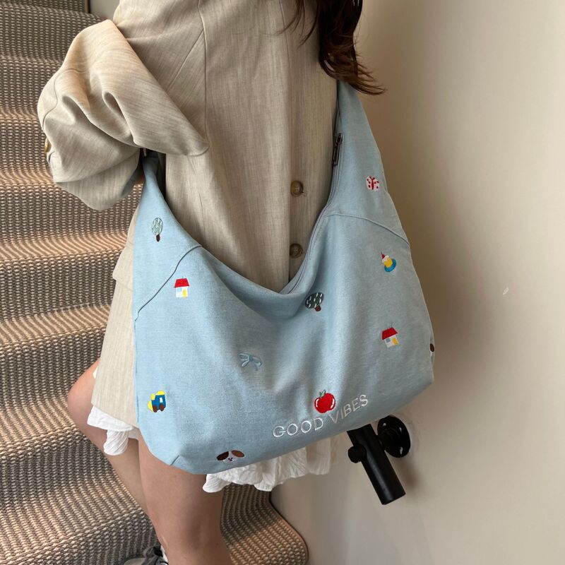 新款休闲斜跨牛仔包包女大容量上课帆布包文艺通勤拉链包托特包潮|undefined